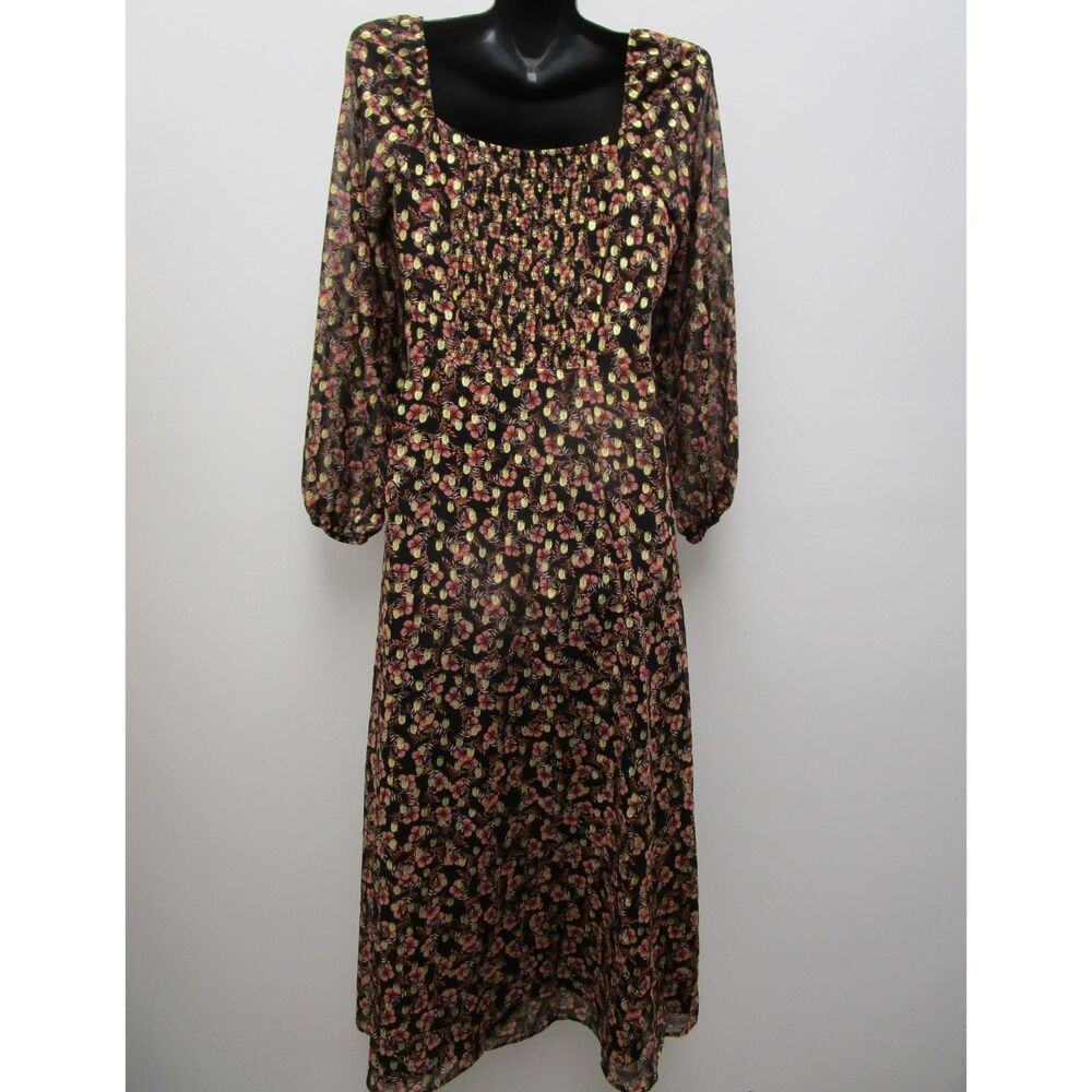 EUC Loft Black/Pink/Gold Multi Square Neckline Pouf Sleeve Midi Dress Women 4 - Picture 2 of 4